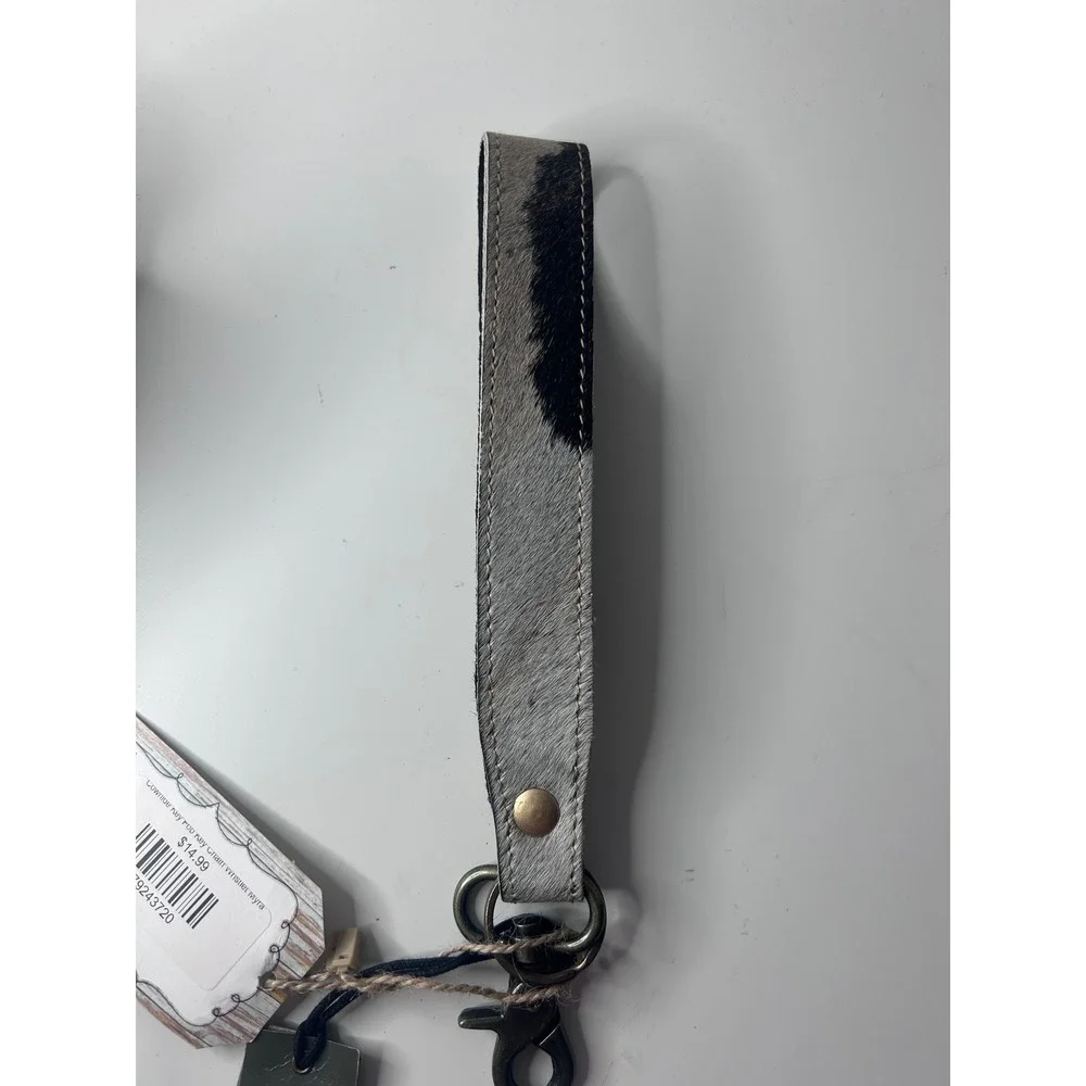 Myra Bag Wristlet Strap Unisex Black White Cowhide Leather Western Key Fob